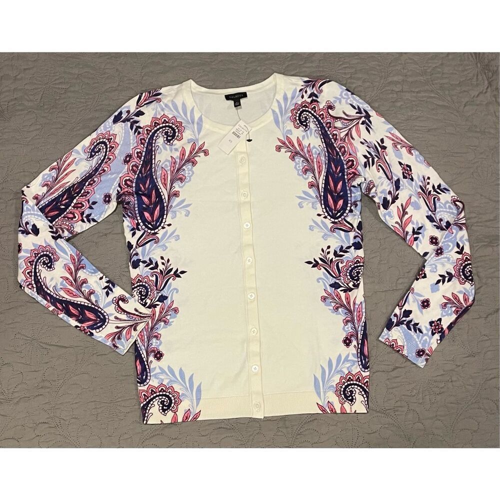 Talbots XS Cream Pink Blue Floral Cardigan New